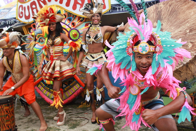 Junkanoo performers in colorful Bahamian costume