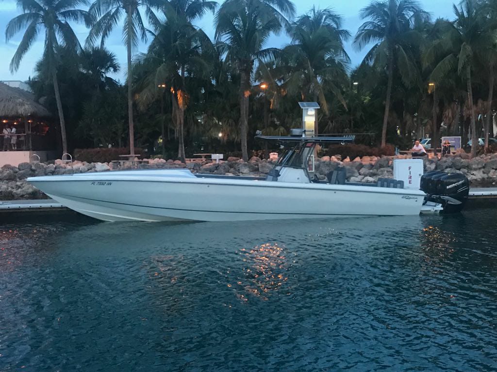Sun Bahamas speedboat at twilight under palm trees